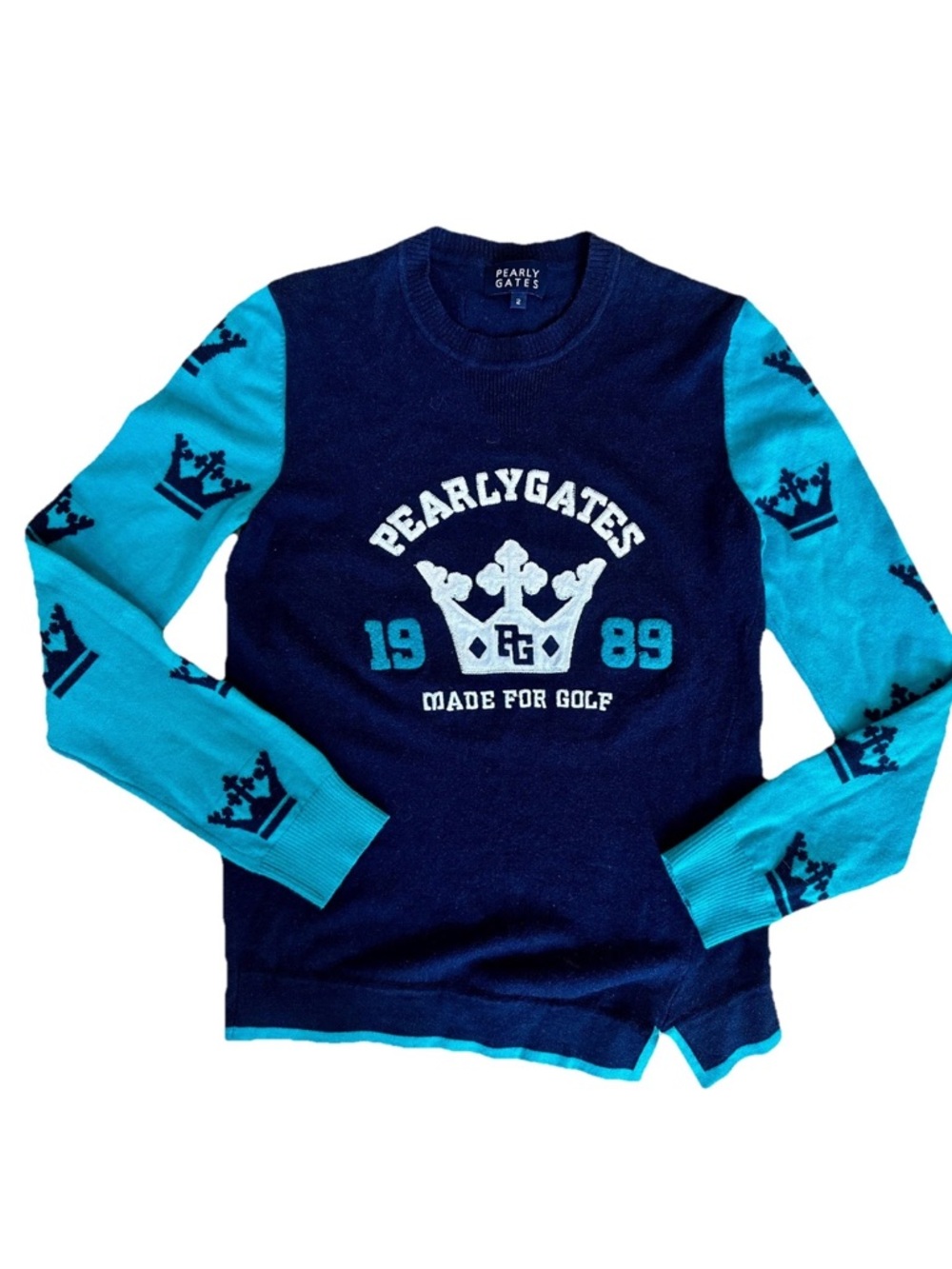 Pearly Gates Wool Blend Golf Sweater - Crown Pattern Navy - Size 2